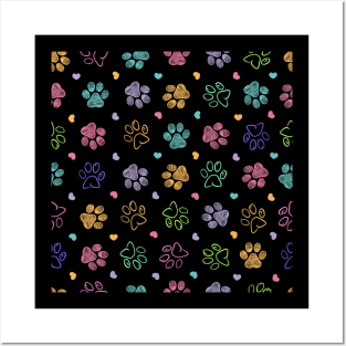 Colorful doodle paw prints with hearts Posters and Art